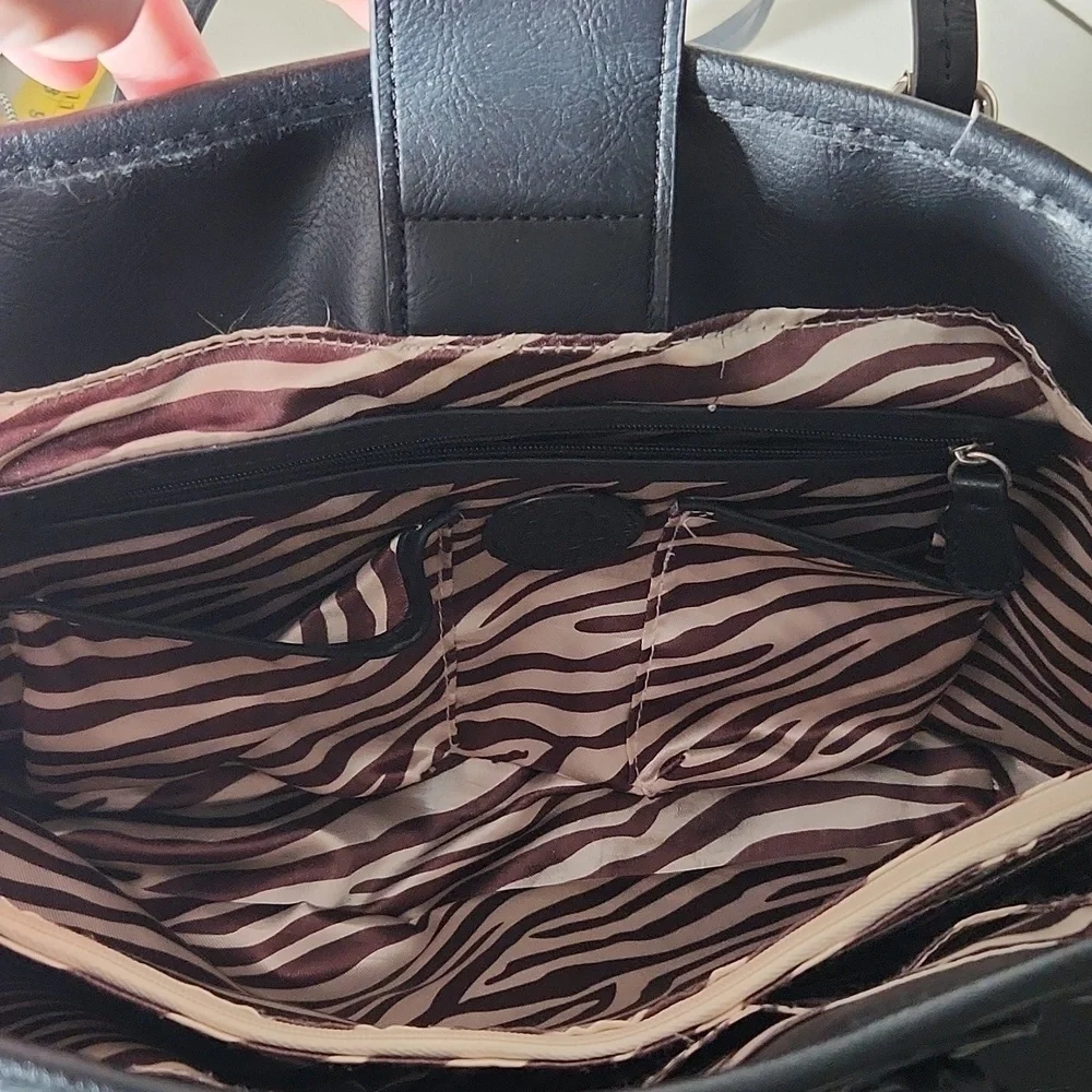 Dana Bachman Purse faux animal print zebra inside tote purse bag black